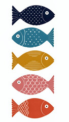 Minimalist Vertical Illustration of Five Stylized Fish with Unique Colorful Patterns on White Background