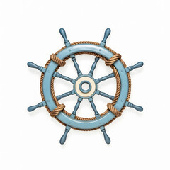Digital Illustration of Vintage Nautical Ship’s Wheel with Eight Handles and Textured Rope on White Background