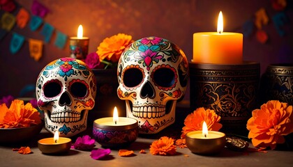 Colorful sugar skulls, candles, marigolds, Dia de los Muertos