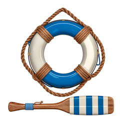 Clean Nautical Illustration with Life Preserver, Rope Knot, and Wooden Oar on White Background