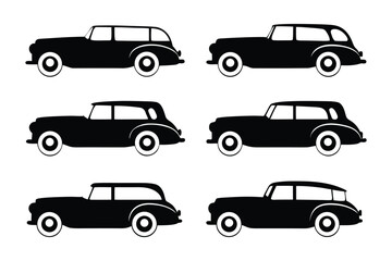 Classic Car Silhouettes: Collection of six vintage car silhouettes, showcasing different body styles from the mid-20th century. Perfect for projects needing a retro feel.
