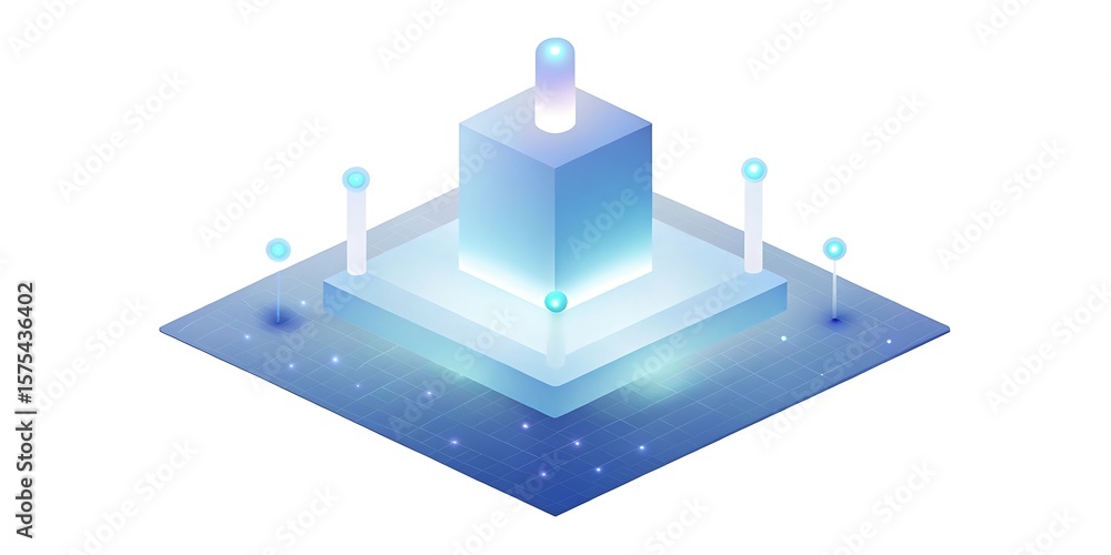 Poster a glowing blue abstract digital structure with interconnected nodes.