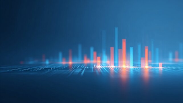 Data-Driven Approaches Transforming Modern Economics, Abstract digital visualization with vibrant bars representing data metrics against a blue background.