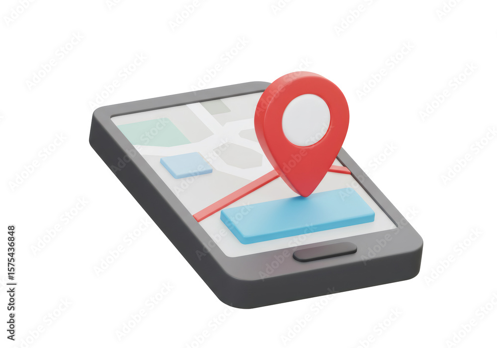 Poster 3d render of smartphone with map and red location pin on transparent background