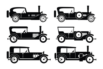 Classic Car Collection: Six vintage car silhouettes, showcasing a variety of body styles from the early automotive era.  A timeless graphic representation of classic automobiles.