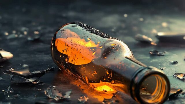 Empty beer bottle lying on wet surface with broken glass shards