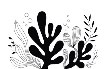 Seaweed illustration displays marine vegetation, a simple ocean plant drawing with bubbles in black and white for wall art decor, silhouette