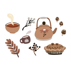 Cozy Hand Drawn Autumn Clipart Set, Tea and Pie Flat Illustration