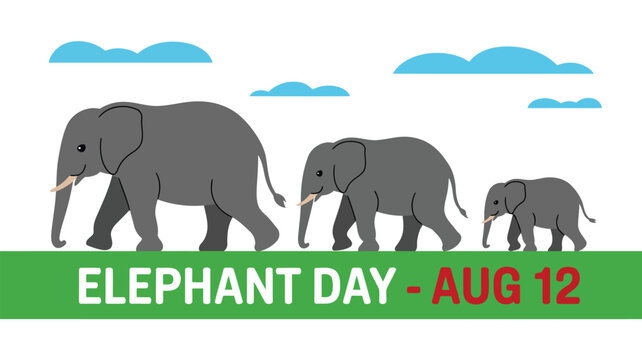 Elephant day august twelfth vector illustration of elephants family with blue sky background