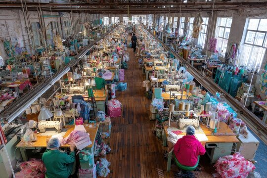 Many sewing machines fill an old, sprawling textile factory floor. Use to illustrate globalization, labor, manufacturing, and economic themes.