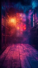 Naklejka premium Illuminated Alleyway with Glowing Windows and Wooden Floor