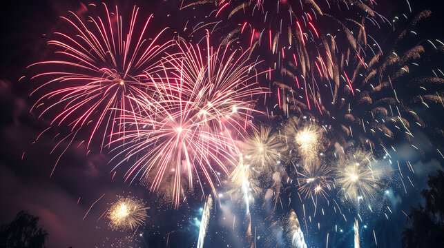 夏の夜空に大きく打ち上がるカラフルな花火｜日本の夏祭り・イベント風景・夜景素材