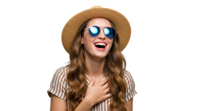 A cheerful young caucasian woman with wavy brown hair, wearing a straw hat and blue aviator sunglasses, laughs joyfully with hands poised for applause on a transparent background with high-key studio