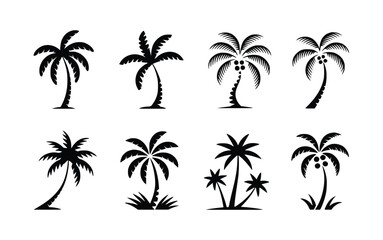 Silhouette collection displaying various tropical palm trees against a white background showcasing iconic summer designs.