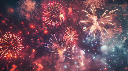 夏の夜空に大きく打ち上がるカラフルな花火｜日本の夏祭り・イベント風景・夜景素材