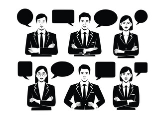 Professional team, represented in a black and white drawing, with speech bubbles demonstrating business communications and ideas, silhouette