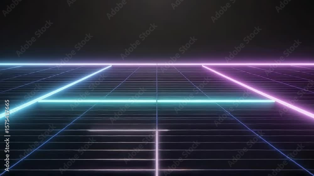 Poster neon lights creating perspective on grid in virtual space