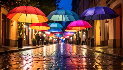 Colorful umbrellas illuminate a wet city street at night