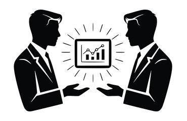 Businessmen presenting analytics on a tablet for strategic growth and successful financial insights, ideal for corporate and investment reports, silhouette