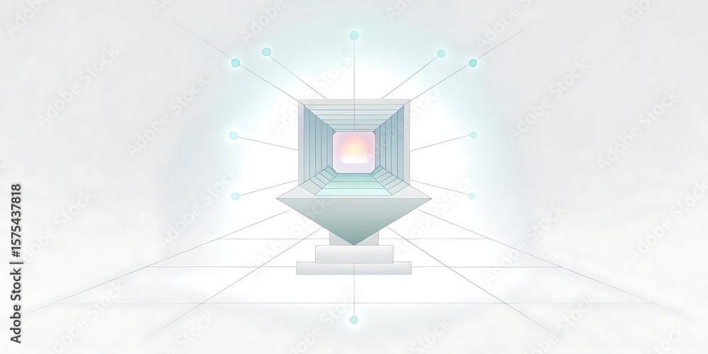 Poster a futuristic geometric structure with glowing particles emanating from its center.