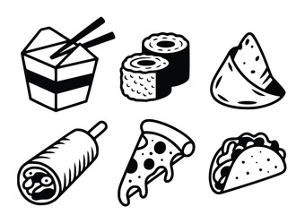 Black and white cartoon illustration shows cute, smiling fast food icons with playful expressions, perfect for menus, silhouette