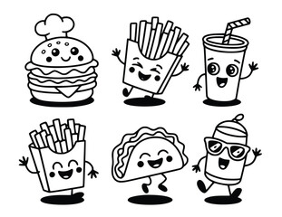 Black and white cartoon illustration shows cute, smiling fast food icons with playful expressions, perfect for menus, silhouette