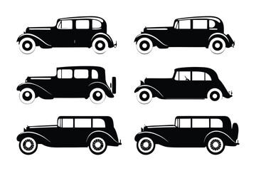 Vintage Car Silhouette Collection: Classic black vintage car silhouettes, each showcasing unique designs, ideal for transportation, automotive, and historical design projects. 
