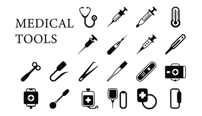 Obraz premium Medical tools and equipment are depicted in a simple black and white vector art illustration ideal for healthcare and design concepts, silhouette