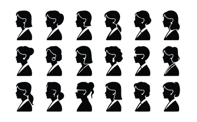 Black silhouettes depicting diverse female professionals in suits, representing women's employment and professional roles.