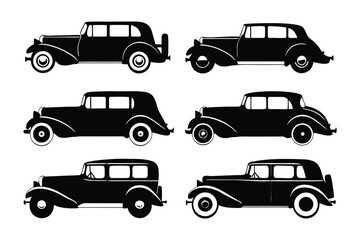 Vintage Car Collection Silhouettes: A meticulously crafted collection of classic, black vintage cars, each silhouette capturing a unique design and the enduring appeal of automotive history.