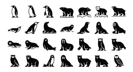 Collection of detailed black and white vector icons featuring arctic animals, including penguins, seals, polar bears, walruses, and owls, silhouette