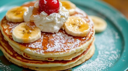 Pancakes with banana slices, syrup, whipped cream and cherry on green plate, sweet breakfast dessert food