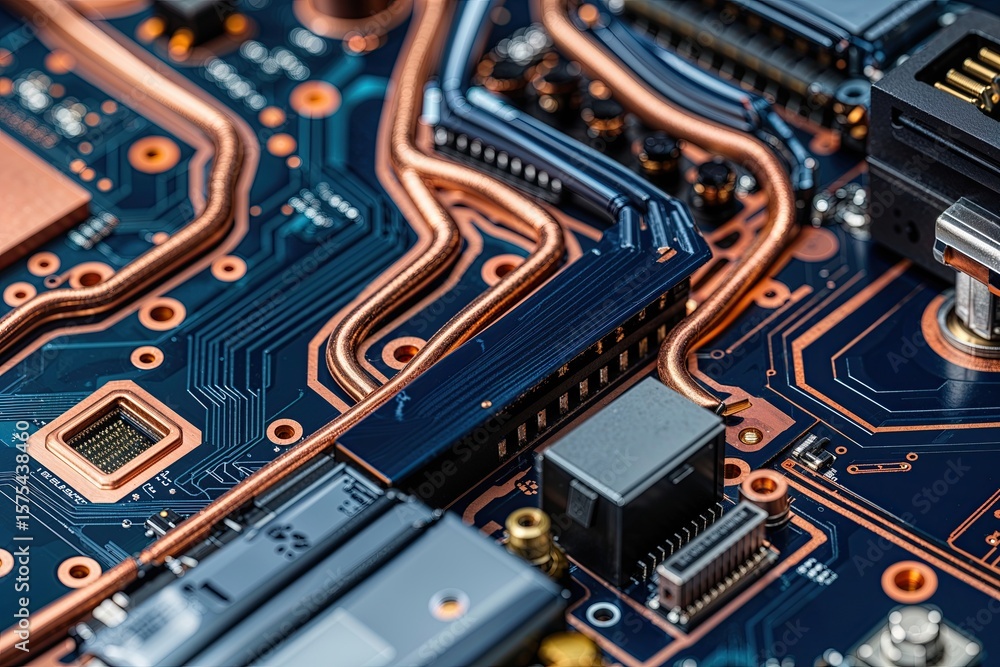 Poster copper and navy circuit board design with interconnected channels and electronic components