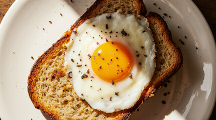 Delicious fried eggs on toast, seasoned with pepper, served on plates in a rustic, home-style presentation. AI generated.