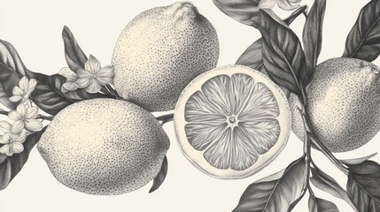 Lemons with leaves and flowers in retro sketch style on light background, citrus fruit drawing in black lines