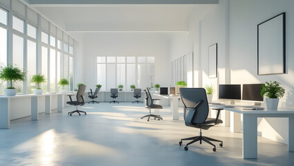 Modern office interior design with chairs, desks, and natural light
