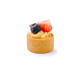 Delicious tart with fruit topping presented on a clean white background