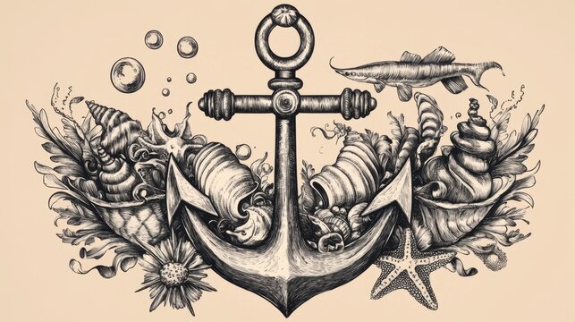 Vintage anchor with seashells, fish, bubbles and starfish in retro sketch style on beige background design