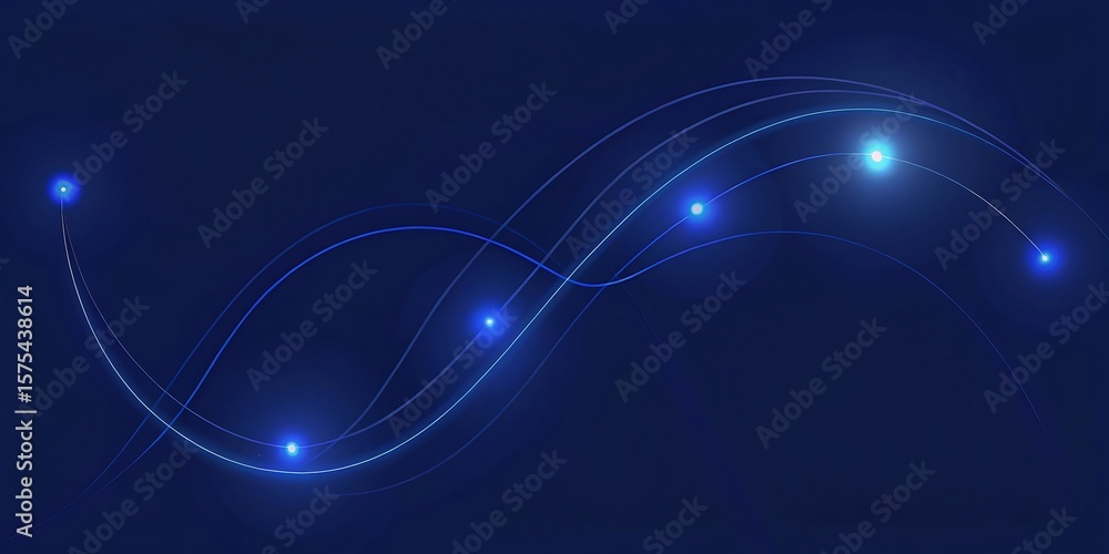 Poster abstract blue wavy lines with glowing dots create a futuristic technological background.