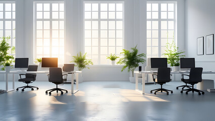 Modern office room interior design with wooden table and ergonomic chairs, featuring a large window and contemporary decor