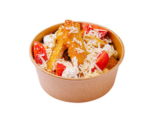 Crispy breaded fries topped with shredded cheese, cherry tomatoes, and creamy sauce, served in an eco-friendly bowl — a tasty and convenient snack.