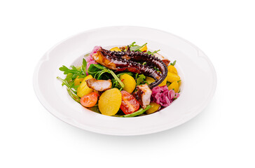 Octopus salad with vegetables served on a white plate at a restaurant