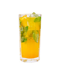 Refreshing mint and citrus drink served in a tall glass with ice