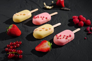 Delicious frozen treats displayed with fresh fruit on dark background