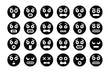 Collection of varied black and white emoticon faces displaying diverse expressions in a patterned arrangement, silhouette