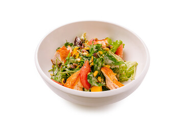 Healthy salad with grilled chicken and mixed greens served in a bowl