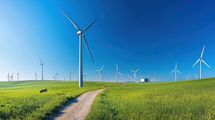 Wind turbines in green field under clear blue sky, clean energy landscape with road and eco power technology