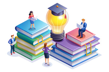 graduation cap, glowing light bulb, and  students reading