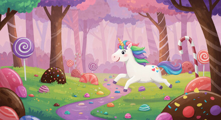 Magical forest path through pink glowing trees and fantasy landscape filled with soft colorful light