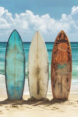 Three colorful surfboards standing in sand on tropical beach with blue ocean and cloudy sky in summer weather